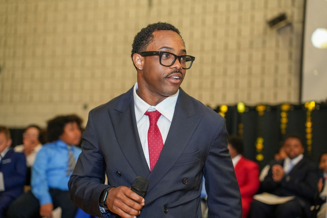 Founder Kale Blackshear arrives at the Brotherhood induction ceremony.